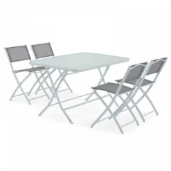 Table De Jardin Et 4 Chaises Pliantes En Acier Et Verre Gris