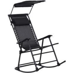 OUTSUNNY Fauteuil à Bascule Rocking Chair Pliable De Jardin Dim. 105L X 64l X 125H Cm Tétière + Pare-soleil Inclus Acier époxy Textilène Noir