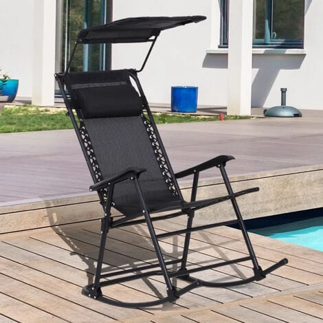 OUTSUNNY Fauteuil à Bascule Rocking Chair Pliable De Jardin Dim. 105L X 64l X 125H Cm Tétière + Pare-soleil Inclus Acier époxy Textilène Noir 4 OUTSUNNY Fauteuil à Bascule Rocking Chair Pliable De Jardin Dim. 105L X 64l X 125H Cm Tétière + Pare-soleil Inclus Acier époxy Textilène Noir – Image 2