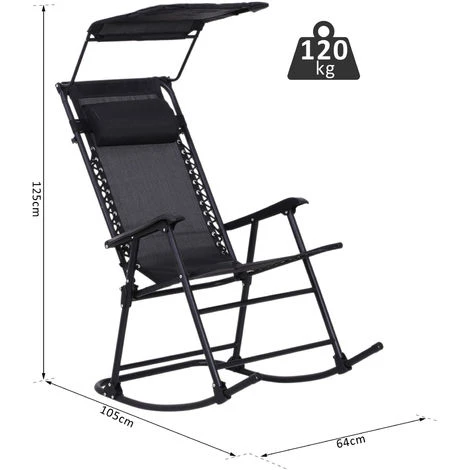 OUTSUNNY Fauteuil à Bascule Rocking Chair Pliable De Jardin Dim. 105L X 64l X 125H Cm Tétière + Pare-soleil Inclus Acier époxy Textilène Noir 5 OUTSUNNY Fauteuil à Bascule Rocking Chair Pliable De Jardin Dim. 105L X 64l X 125H Cm Tétière + Pare-soleil Inclus Acier époxy Textilène Noir – Image 3