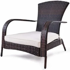 COSTWAY Fauteuil De Jardin En Résine Tressée Marron 78x80x80 CM Avec Coussin Lavable Pour Jardin Chambre Balcon Salon
