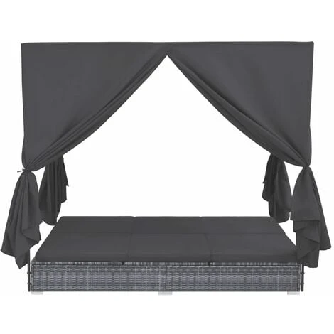 Chaise Longue D'extérieur Avec Rideaux Résine Tressée Gris VidaXL 4 Chaise Longue D'extérieur Avec Rideaux Résine Tressée Gris VidaXL – Image 2