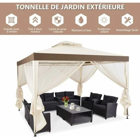 COSTWAY Pavillon Tonnelle De Jardin De 3x3M Autoportante Avec Ornements 4 Rideaux De Moustiquaire Polyester Beige 298 X 299 X 200/265 CM 4 COSTWAY Pavillon Tonnelle De Jardin De 3x3M Autoportante Avec Ornements 4 Rideaux De Moustiquaire Polyester Beige 298 X 299 X 200/265 CM – Image 2