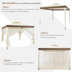 COSTWAY Pavillon Tonnelle De Jardin De 3x3M Autoportante Avec Ornements 4 Rideaux De Moustiquaire Polyester Beige 298 X 299 X 200/265 CM 9 COSTWAY Pavillon Tonnelle De Jardin De 3x3M Autoportante Avec Ornements 4 Rideaux De Moustiquaire Polyester Beige 298 X 299 X 200/265 CM -Promos Verde Rêverie Boutique 13413210 3