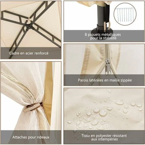 COSTWAY Pavillon Tonnelle De Jardin De 3x3M Autoportante Avec Ornements 4 Rideaux De Moustiquaire Polyester Beige 298 X 299 X 200/265 CM 6 COSTWAY Pavillon Tonnelle De Jardin De 3x3M Autoportante Avec Ornements 4 Rideaux De Moustiquaire Polyester Beige 298 X 299 X 200/265 CM – Image 4