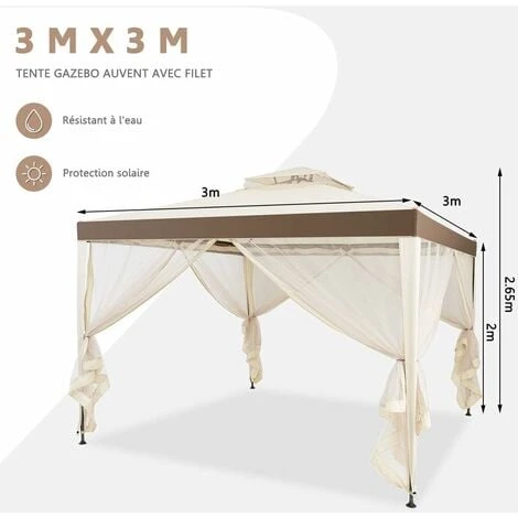 COSTWAY Pavillon Tonnelle De Jardin De 3x3M Autoportante Avec Ornements 4 Rideaux De Moustiquaire Polyester Beige 298 X 299 X 200/265 CM 7 COSTWAY Pavillon Tonnelle De Jardin De 3x3M Autoportante Avec Ornements 4 Rideaux De Moustiquaire Polyester Beige 298 X 299 X 200/265 CM – Image 5