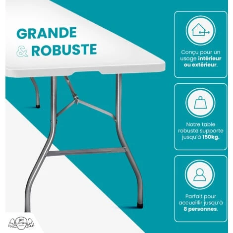 Table Pliante 180 Cm D'Appoint Rectangulaire Blanche - Table De Camping 8 Personnes L180 X L74 X H74cm En HDPE Haute Densité Épaisseur 3,5 Cm - Pieds En Acier Pelliculé Gris - Idéal Cérémonies 5 Table Pliante 180 Cm D'Appoint Rectangulaire Blanche - Table De Camping 8 Personnes L180 X L74 X H74cm En HDPE Haute Densité Épaisseur 3,5 Cm - Pieds En Acier Pelliculé Gris - Idéal Cérémonies – Image 3