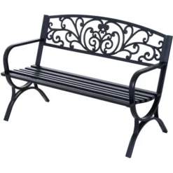 Outsunny Banc De Jardin Terrasse En Acier Fonte Noir 3 Places 127 X 60 X 85 Cm Charge Max 250 Kg