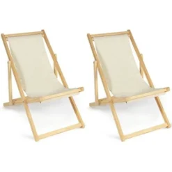 Lot De 2 Chaises Longues Pliantes Chilienne Bois Toile écrue