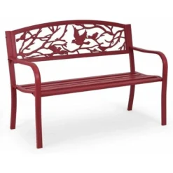 COSTWAY Banc De Jardin Structure Stable Banquette De Jardin Motif Oiseaux Et Branches - Pour Parc Terrasse Balcon 123 X 60 X 88 Cm Rouge