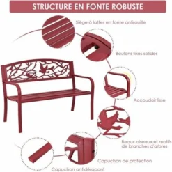 COSTWAY Banc De Jardin Structure Stable Banquette De Jardin Motif Oiseaux Et Branches - Pour Parc Terrasse Balcon 123 X 60 X 88 Cm Rouge -Promos Verde Rêverie Boutique 18442961 3