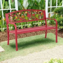 COSTWAY Banc De Jardin Structure Stable Banquette De Jardin Motif Oiseaux Et Branches - Pour Parc Terrasse Balcon 123 X 60 X 88 Cm Rouge -Promos Verde Rêverie Boutique 18442961 4