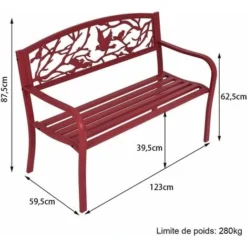 COSTWAY Banc De Jardin Structure Stable Banquette De Jardin Motif Oiseaux Et Branches - Pour Parc Terrasse Balcon 123 X 60 X 88 Cm Rouge -Promos Verde Rêverie Boutique 18442961 5