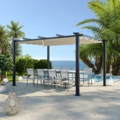 Tonnelle/Pergola Aluminium 3x4m Toile Coulissante Rétractable - Gris / ECRU- OHIO XL