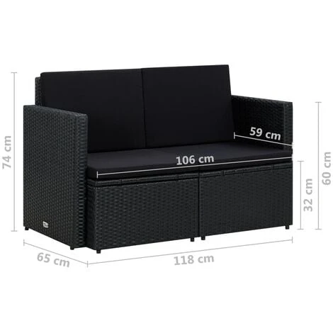 Canapé De Jardin à 2 Places Avec Coussins Noir Résine Tressée VidaXL 5 Canapé De Jardin à 2 Places Avec Coussins Noir Résine Tressée VidaXL – Image 3