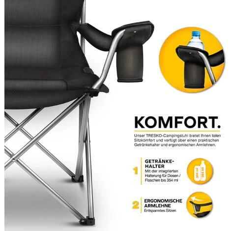 TRESKO Chaise De Camping Pliante NOIR Jusqu'à 150 Kg Chaise De Pêche, Avec Accoudoirs Et Porte-gobelets 4 TRESKO Chaise De Camping Pliante NOIR Jusqu'à 150 Kg Chaise De Pêche, Avec Accoudoirs Et Porte-gobelets – Image 2