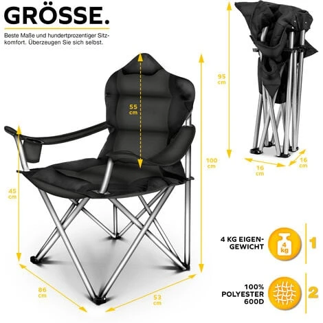 TRESKO Chaise De Camping Pliante NOIR Jusqu'à 150 Kg Chaise De Pêche, Avec Accoudoirs Et Porte-gobelets 7 TRESKO Chaise De Camping Pliante NOIR Jusqu'à 150 Kg Chaise De Pêche, Avec Accoudoirs Et Porte-gobelets – Image 5