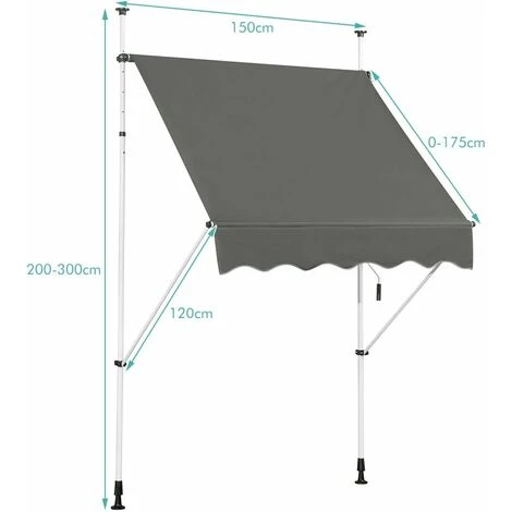 COSTWAY Store Banne Manuel Rétractable 1,5 L X 1,2 L M Hauteur Et Inclinaison Réglable Aluminium Polyester Anti-UV, Gris 7 COSTWAY Store Banne Manuel Rétractable 1,5 L X 1,2 L M Hauteur Et Inclinaison Réglable Aluminium Polyester Anti-UV, Gris – Image 5