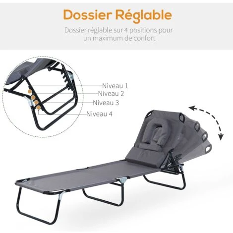 OUTSUNNY Transat De Jardin Chaise Longue Pliante Bain De Soleil Pour Lecture Gris 6 OUTSUNNY Transat De Jardin Chaise Longue Pliante Bain De Soleil Pour Lecture Gris – Image 4
