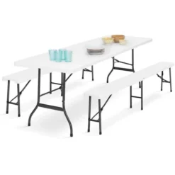 Table Pliante D'appoint Portable 180 CM Et 2 Bancs Pliables Pour Camping Ou Réception