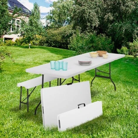 Table Pliante D'appoint Portable 180 CM Et 2 Bancs Pliables Pour Camping Ou Réception 5 Table Pliante D'appoint Portable 180 CM Et 2 Bancs Pliables Pour Camping Ou Réception – Image 3