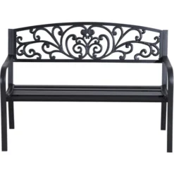 OUTSUNNY Banc De Jardin Terrasse En Acier Fonte Noir 3 Places 127 X 60 X 87 Cm Charge Max 220 Kg
