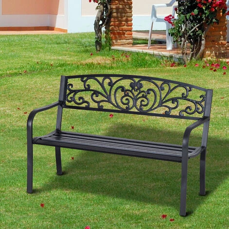 OUTSUNNY Banc De Jardin Terrasse En Acier Fonte Noir 3 Places 127 X 60 X 87 Cm Charge Max 220 Kg 4 OUTSUNNY Banc De Jardin Terrasse En Acier Fonte Noir 3 Places 127 X 60 X 87 Cm Charge Max 220 Kg – Image 2