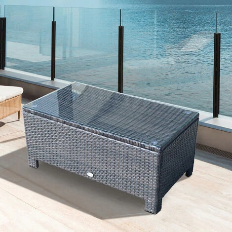 OUTSUNNY Table Basse De Jardin Plateau Verre Trempé 5 Mm Rotin Tressé 85 X 50 X 39cm Max. 50 Kg Marron 4 OUTSUNNY Table Basse De Jardin Plateau Verre Trempé 5 Mm Rotin Tressé 85 X 50 X 39cm Max. 50 Kg Marron – Image 2