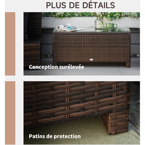 OUTSUNNY Table Basse De Jardin Plateau Verre Trempé 5 Mm Rotin Tressé 85 X 50 X 39cm Max. 50 Kg Marron 6 OUTSUNNY Table Basse De Jardin Plateau Verre Trempé 5 Mm Rotin Tressé 85 X 50 X 39cm Max. 50 Kg Marron – Image 4