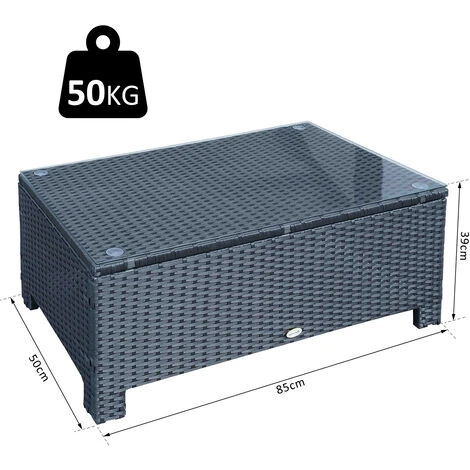 OUTSUNNY Table Basse De Jardin Plateau Verre Trempé 5 Mm Rotin Tressé 85 X 50 X 39cm Max. 50 Kg Noir 5 OUTSUNNY Table Basse De Jardin Plateau Verre Trempé 5 Mm Rotin Tressé 85 X 50 X 39cm Max. 50 Kg Noir – Image 3