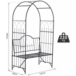 OUTSUNNY Arche à Rosiers Banc De Jardin 2 Places 2 En 1 Dim. 115L X 59l X 203H Cm Métal époxy Noir -Promos Verde Rêverie Boutique 25008253 3
