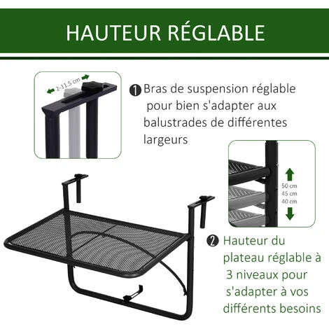 OUTSUNNY Table Suspendue Pour Balcon Dim. 60L X 56,5l Cm Hauteur Réglable 3 Niveaux Métal époxy Noir 6 OUTSUNNY Table Suspendue Pour Balcon Dim. 60L X 56,5l Cm Hauteur Réglable 3 Niveaux Métal époxy Noir – Image 4