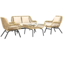 OUTSUNNY Salon De Jardin 4 Pers. 4 Pièces Style Exotique Métal époxy Résine Imitation Bambou Coussins Grand Confort Inclus Polyester Beige