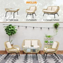 OUTSUNNY Salon De Jardin 4 Pers. 4 Pièces Style Exotique Métal époxy Résine Imitation Bambou Coussins Grand Confort Inclus Polyester Beige 10 OUTSUNNY Salon De Jardin 4 Pers. 4 Pièces Style Exotique Métal époxy Résine Imitation Bambou Coussins Grand Confort Inclus Polyester Beige -Promos Verde Rêverie Boutique 25008316 4