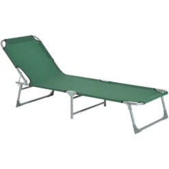 OUTSUNNY Bain De Soleil Transat Pliable Dossier Réglable Multipositions Métal Et Polyester Vert