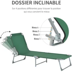 OUTSUNNY Bain De Soleil Transat Pliable Dossier Réglable Multipositions Métal Et Polyester Vert 10 OUTSUNNY Bain De Soleil Transat Pliable Dossier Réglable Multipositions Métal Et Polyester Vert -Promos Verde Rêverie Boutique 25008386 4