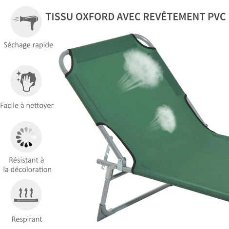 OUTSUNNY Bain De Soleil Transat Pliable Dossier Réglable Multipositions Métal Et Polyester Vert 7 OUTSUNNY Bain De Soleil Transat Pliable Dossier Réglable Multipositions Métal Et Polyester Vert – Image 5