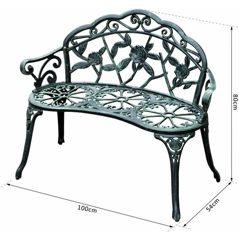 OUTSUNNY Banc De Jardin 2 Places Style Néo-rétro Motif Rose Lignes Fuselées 100L X 54l X 78H Cm Fonte D'aluminium Vert Vieilli 6 OUTSUNNY Banc De Jardin 2 Places Style Néo-rétro Motif Rose Lignes Fuselées 100L X 54l X 78H Cm Fonte D'aluminium Vert Vieilli – Image 4