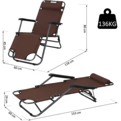 OUTSUNNY Chaise Longue Inclinable Transat Bain De Soleil 2 En 1 Pliant Têtière Amovible Charge Max. 136 Kg Toile Oxford Facile D'entretien Marron -Promos Verde Rêverie Boutique 25009092 3