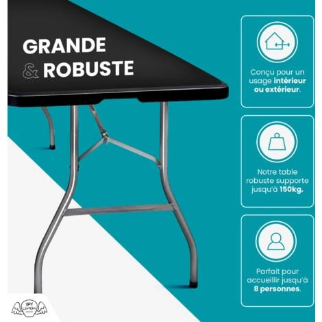 Table Pliante 180 Cm D'Appoint Rectangulaire Noire - Table De Camping 8 Personnes L180 X L74 X H74cm En HDPE Haute Densité Épaisseur 3,5 Cm - Pieds En Acier Pelliculé Gris - Idéal Cérémonies 5 Table Pliante 180 Cm D'Appoint Rectangulaire Noire - Table De Camping 8 Personnes L180 X L74 X H74cm En HDPE Haute Densité Épaisseur 3,5 Cm - Pieds En Acier Pelliculé Gris - Idéal Cérémonies – Image 3