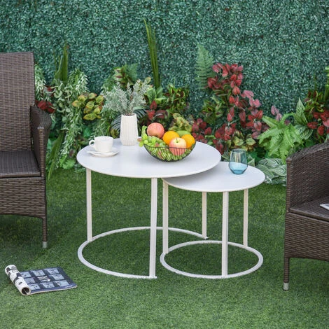 OUTSUNNY Lot De 2 Tables Basses Rondes Gigognes Empilables De Jardin Métal époxy Blanc 4 OUTSUNNY Lot De 2 Tables Basses Rondes Gigognes Empilables De Jardin Métal époxy Blanc – Image 2
