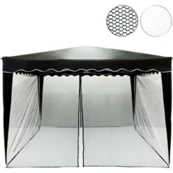 Instent® Moustiquaire Pour Tonnelle 3 X 3m Coloris Noir, 2 Fermetures à Glissières Et Sangles Scratch Pour Fixation Des Panneaux Latéraux