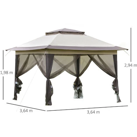 OUTSUNNY Tonnelle Barnum De Jardin Pop-up Pliant 3,64L X 3,64l X 2,94H M Acier Polyester Moustiquaires + Sac De Transport à Roulettes Beige Marron 5 OUTSUNNY Tonnelle Barnum De Jardin Pop-up Pliant 3,64L X 3,64l X 2,94H M Acier Polyester Moustiquaires + Sac De Transport à Roulettes Beige Marron – Image 3