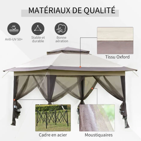 OUTSUNNY Tonnelle Barnum De Jardin Pop-up Pliant 3,64L X 3,64l X 2,94H M Acier Polyester Moustiquaires + Sac De Transport à Roulettes Beige Marron 6 OUTSUNNY Tonnelle Barnum De Jardin Pop-up Pliant 3,64L X 3,64l X 2,94H M Acier Polyester Moustiquaires + Sac De Transport à Roulettes Beige Marron – Image 4