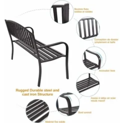 COSTWAY Banc De Jardin Extérieur 3 Personnes Cadre En Métal Noir Résistant Aux Intempéries Charge 240KG Pour Pelouse, Terrasse, Véranda, Cour, 127 X 60 X 87CM 9 COSTWAY Banc De Jardin Extérieur 3 Personnes Cadre En Métal Noir Résistant Aux Intempéries Charge 240KG Pour Pelouse, Terrasse, Véranda, Cour, 127 X 60 X 87CM -Promos Verde Rêverie Boutique 29044210 3