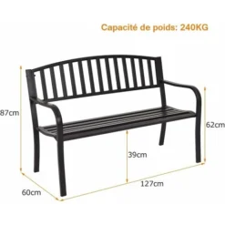 COSTWAY Banc De Jardin Extérieur 3 Personnes Cadre En Métal Noir Résistant Aux Intempéries Charge 240KG Pour Pelouse, Terrasse, Véranda, Cour, 127 X 60 X 87CM 11 COSTWAY Banc De Jardin Extérieur 3 Personnes Cadre En Métal Noir Résistant Aux Intempéries Charge 240KG Pour Pelouse, Terrasse, Véranda, Cour, 127 X 60 X 87CM -Promos Verde Rêverie Boutique 29044210 5