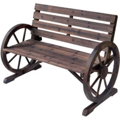 OUTSUNNY Banc De Jardin 3 Places Style Rustique Chic Accoudoirs Roues Charette Bois Sapin Traité Carbonisation