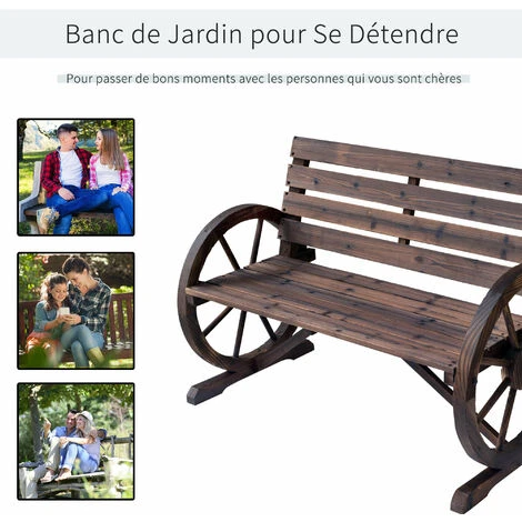 OUTSUNNY Banc De Jardin 3 Places Style Rustique Chic Accoudoirs Roues Charette Bois Sapin Traité Carbonisation 6 OUTSUNNY Banc De Jardin 3 Places Style Rustique Chic Accoudoirs Roues Charette Bois Sapin Traité Carbonisation – Image 4