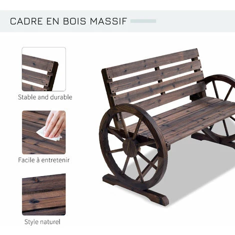 OUTSUNNY Banc De Jardin 3 Places Style Rustique Chic Accoudoirs Roues Charette Bois Sapin Traité Carbonisation 7 OUTSUNNY Banc De Jardin 3 Places Style Rustique Chic Accoudoirs Roues Charette Bois Sapin Traité Carbonisation – Image 5