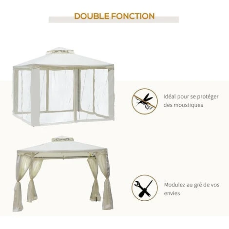 OUTSUNNY Pavillon De Jardin Tonnelle Barnum Style Colonial Double Toit Toiles Moustiquaires Amovibles Zippées Crème 6 OUTSUNNY Pavillon De Jardin Tonnelle Barnum Style Colonial Double Toit Toiles Moustiquaires Amovibles Zippées Crème – Image 4